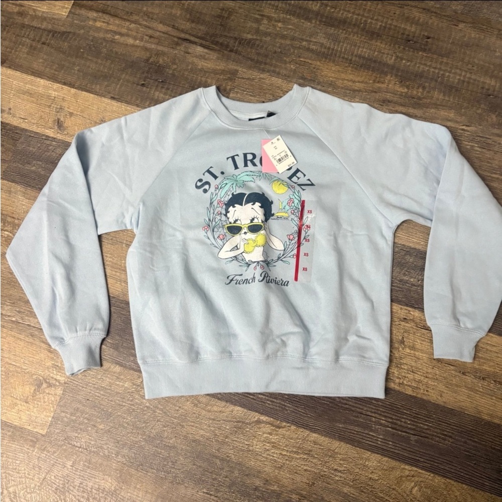 BETTY BOOP ST. TROPEZ BABY BLUE TROPICAL VACATION GRAPHIC CREWNECK SWEATSHIRT XS